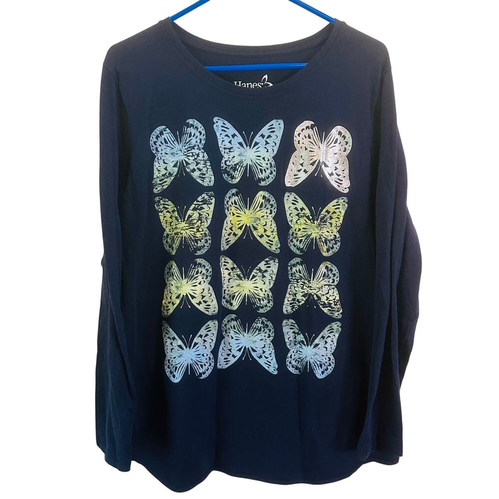 Hanes Glitter Butterfly Kidcore 90s Long Sleeve Navy Tshirt Size XXL